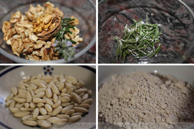Gli ingredienti principali del nostro castagnaccio ovvero noci, rosmarino, pinoli e ovviamente farina di castagne